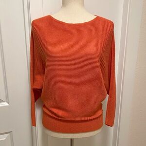 Chico's Dolman Batwing Sleeve Orange Knit Sweater Gold Metallic Thread Boat Neck